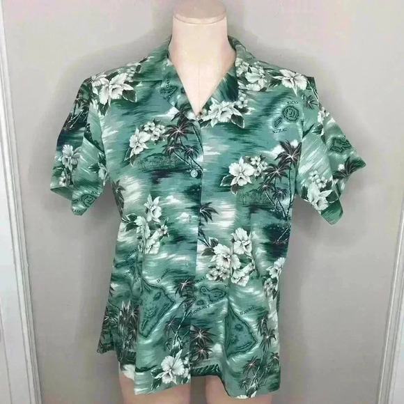 ky's Other - KY'S Vintage Mens Hawaiian Shirt 80s Green Tropical Floral Print Shirt Size M